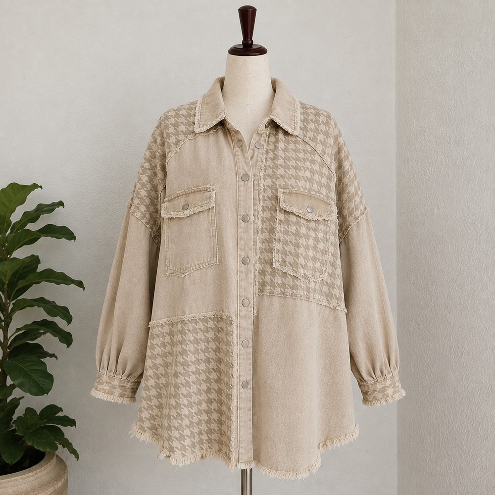 POL Love Peace Jacket M Oversized Houndstooth Patchwork Shacket Boho Distressed - Picture 2 of 3